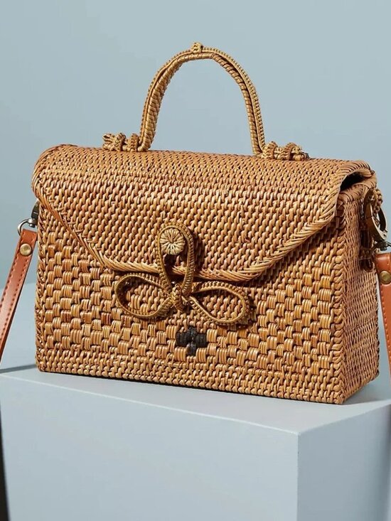 Anthropologie Handbags - Anthropologie Bailey Rattan Crossbody Bag Bow Clasp Textured Boho Bali Handmade